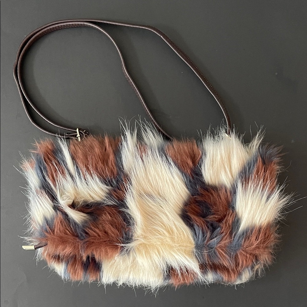 Faux Fur Neutral Multicolor Fold-Over Shoulder or Cross-Body Avant Garde Bag